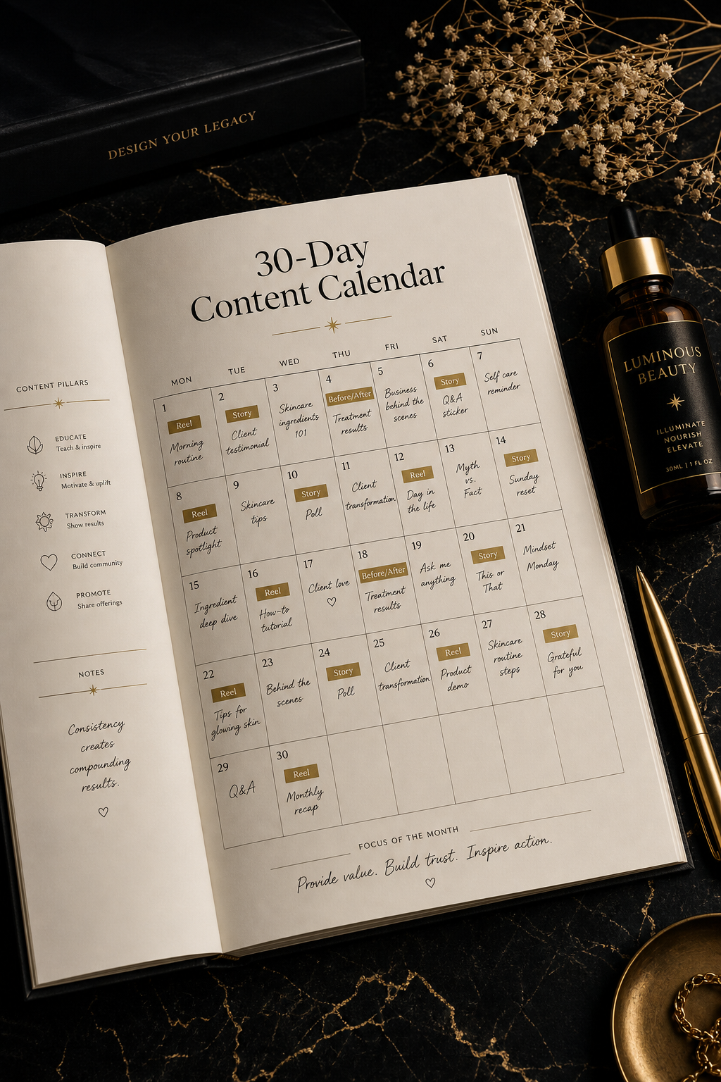 Preview of the 30-Day Content Calendar page from the Social Media Growth System